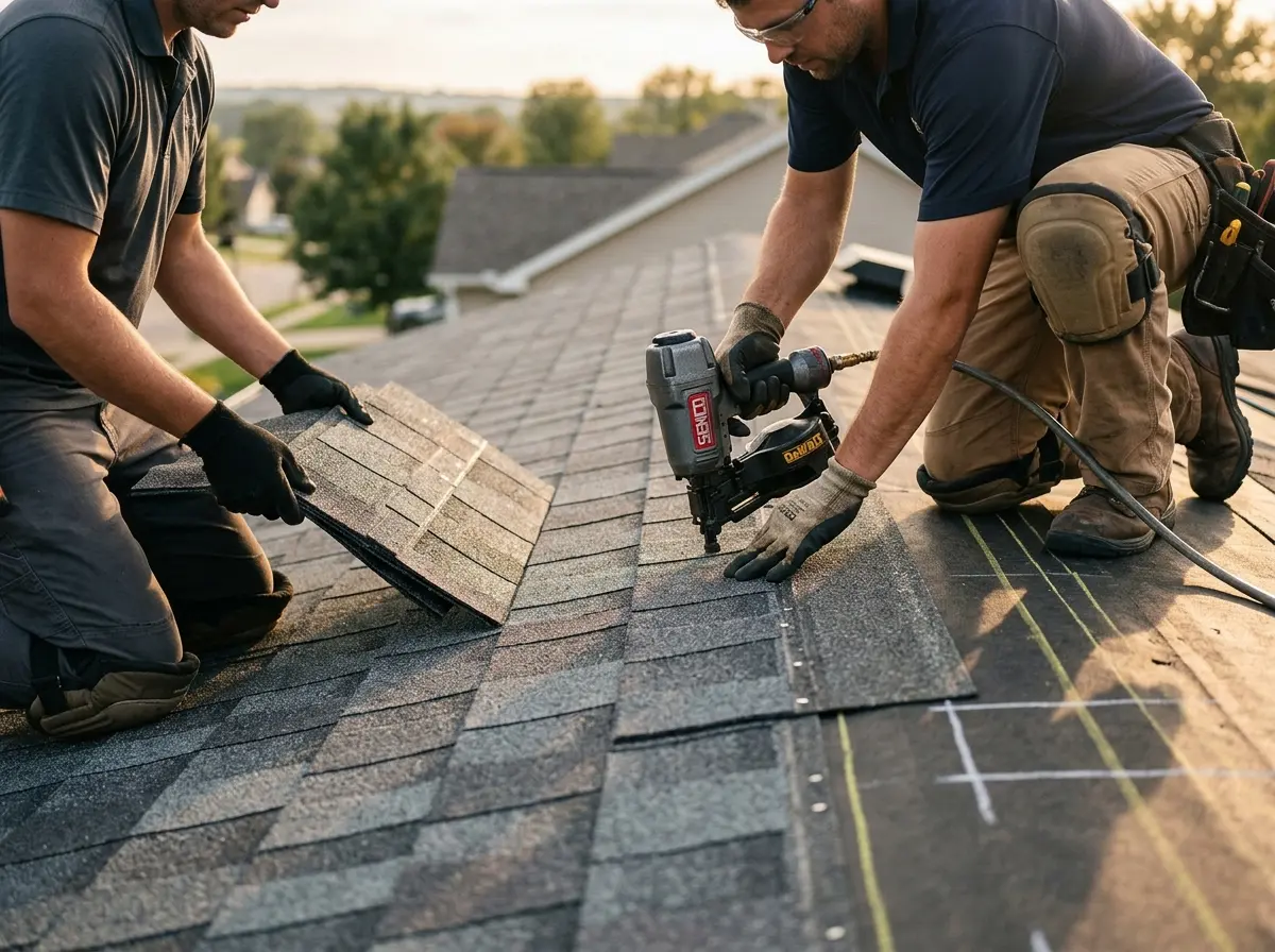Professional roofer working on a residential roof in Round Lake Beach